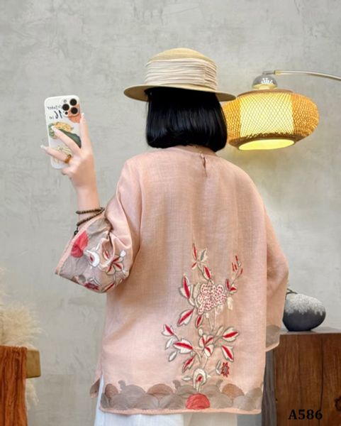  A586-Áo Ramie Thêu Hoa Thêu Tay Áo Nghệ Thuật 