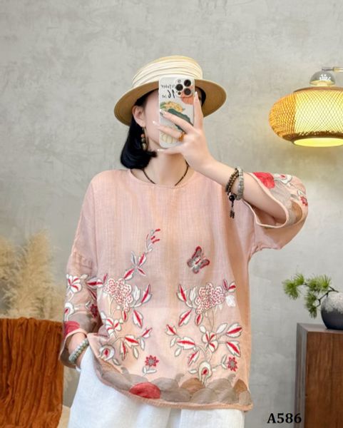  A586-Áo Ramie Thêu Hoa Thêu Tay Áo Nghệ Thuật 