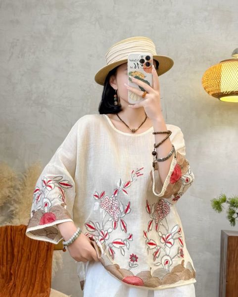  A586-Áo Ramie Thêu Hoa Thêu Tay Áo Nghệ Thuật 