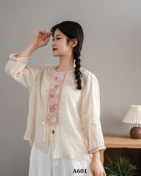  A601-Áo Ramie Thêu Tua Rua Thanh Lịch Cổ Điển 