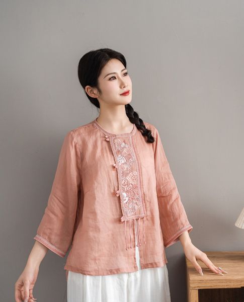  A601-Áo Ramie Thêu Tua Rua Thanh Lịch Cổ Điển 