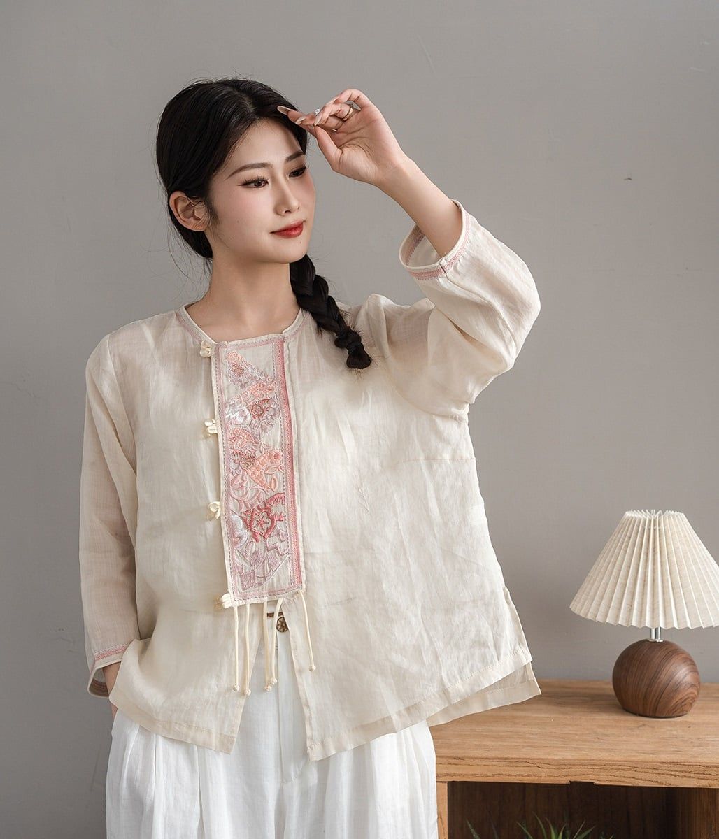  A601-Áo Ramie Thêu Tua Rua Thanh Lịch Cổ Điển 