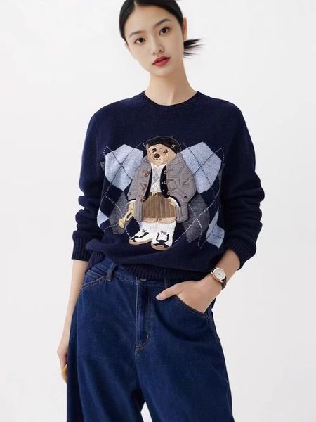  A793-Áo Len Cổ Tròn Dệt Gấu Hình Thoi Mùa Thu 