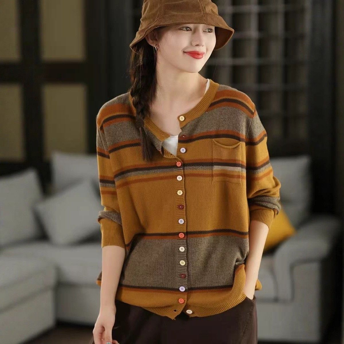  A720-Áo Len Dệt Kim Cardigan Phọc Sọc Mùa Thu 