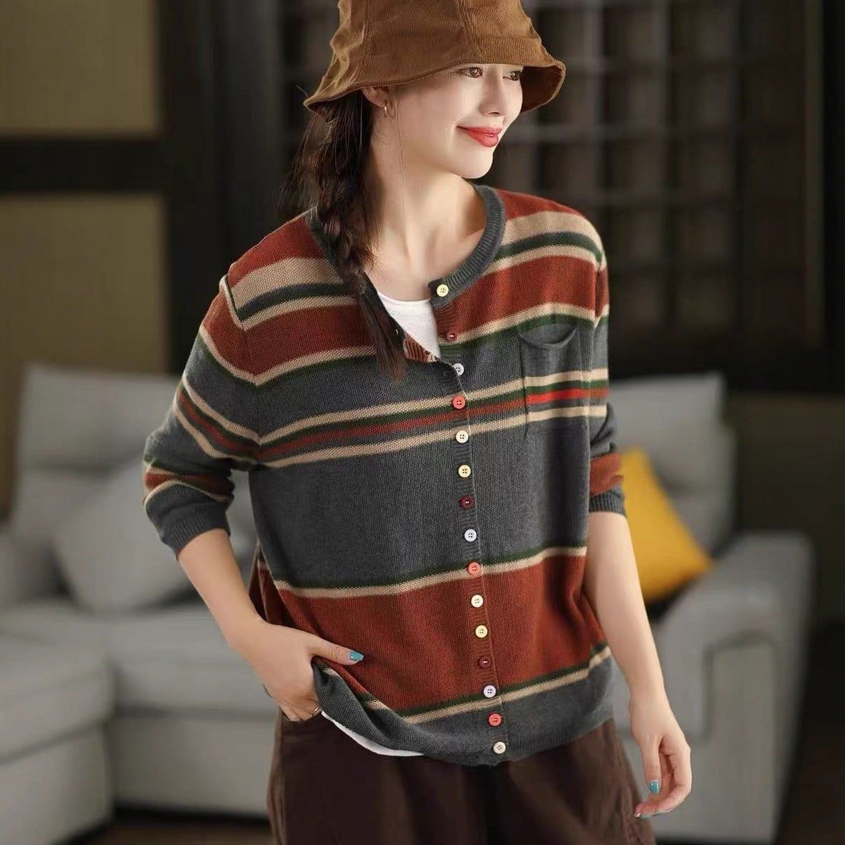  A720-Áo Len Dệt Kim Cardigan Phọc Sọc Mùa Thu 