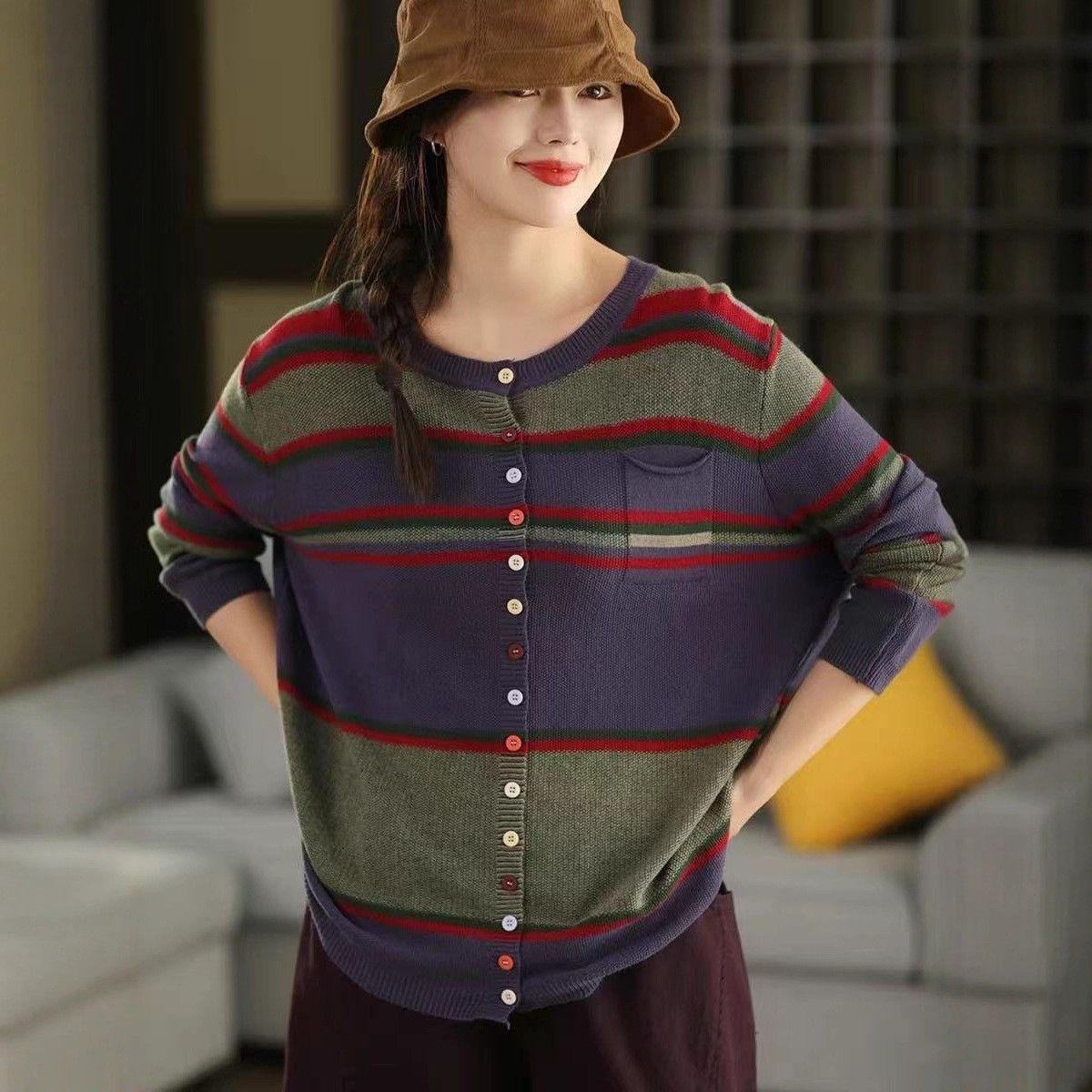  A720-Áo Len Dệt Kim Cardigan Phọc Sọc Mùa Thu 