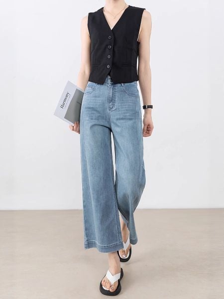  Q325-Quần Jeans Lụa Mềm Ống Suông Loe 9 Tấc 