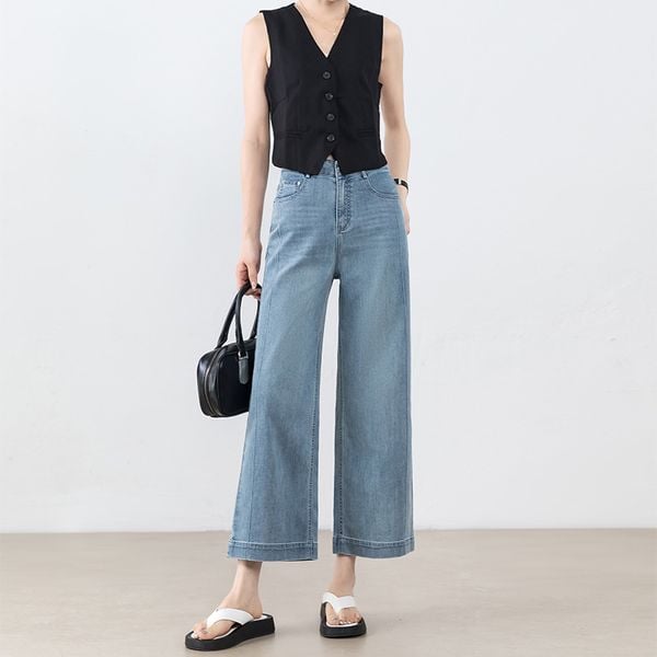  Q325-Quần Jeans Lụa Mềm Ống Suông Loe 9 Tấc 