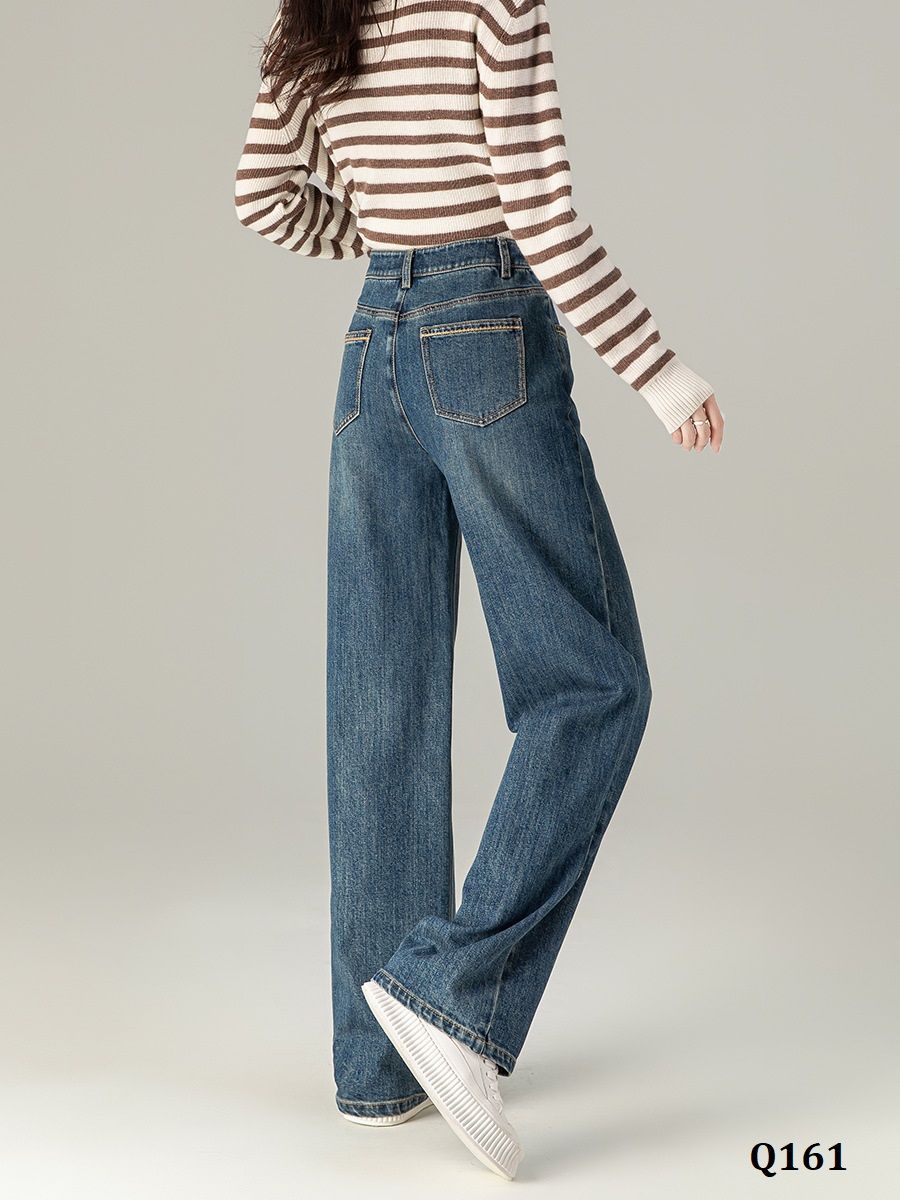  Q161-Quần Jeans Lụa Ống Suông Điểm Chỉ Thêu 