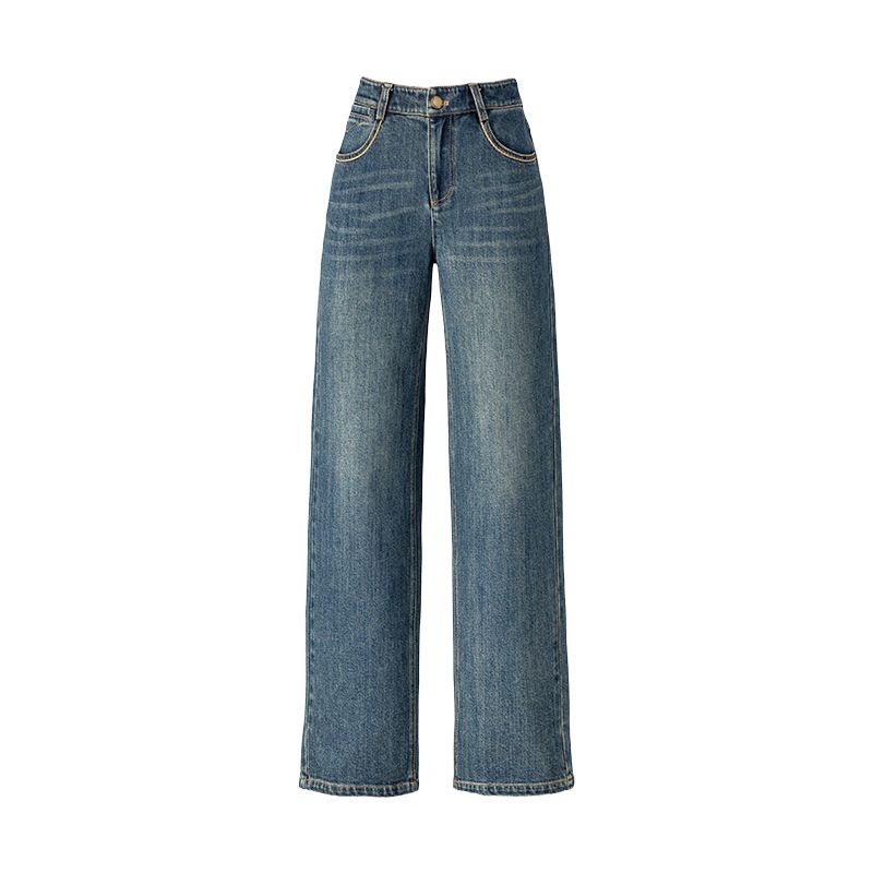  Q161-Quần Jeans Lụa Ống Suông Điểm Chỉ Thêu 