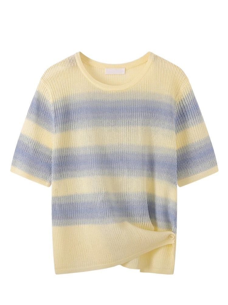  A694-Áo Len Lụa Băng Kẻ Sọc Phối Màu Nút Hông 