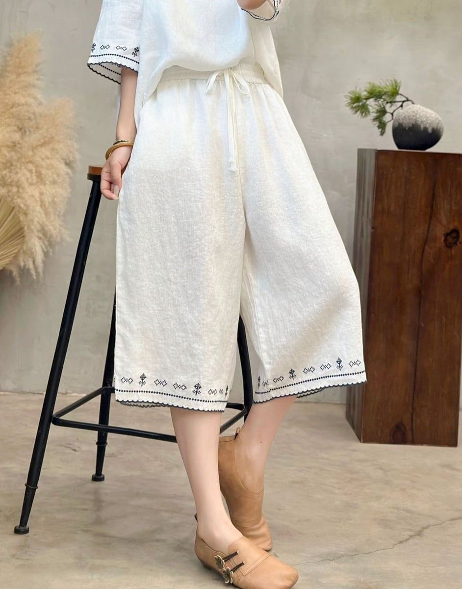  Q289-Quần Lửng Linen Ống Rộng Thêu Viền Ống 