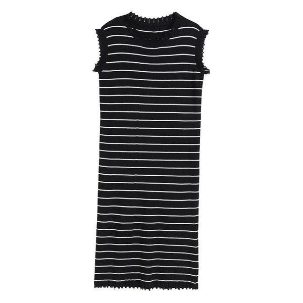  D08-Đầm Len Lụa Băng Không Tay Viền Ren Kẻ Sọc 