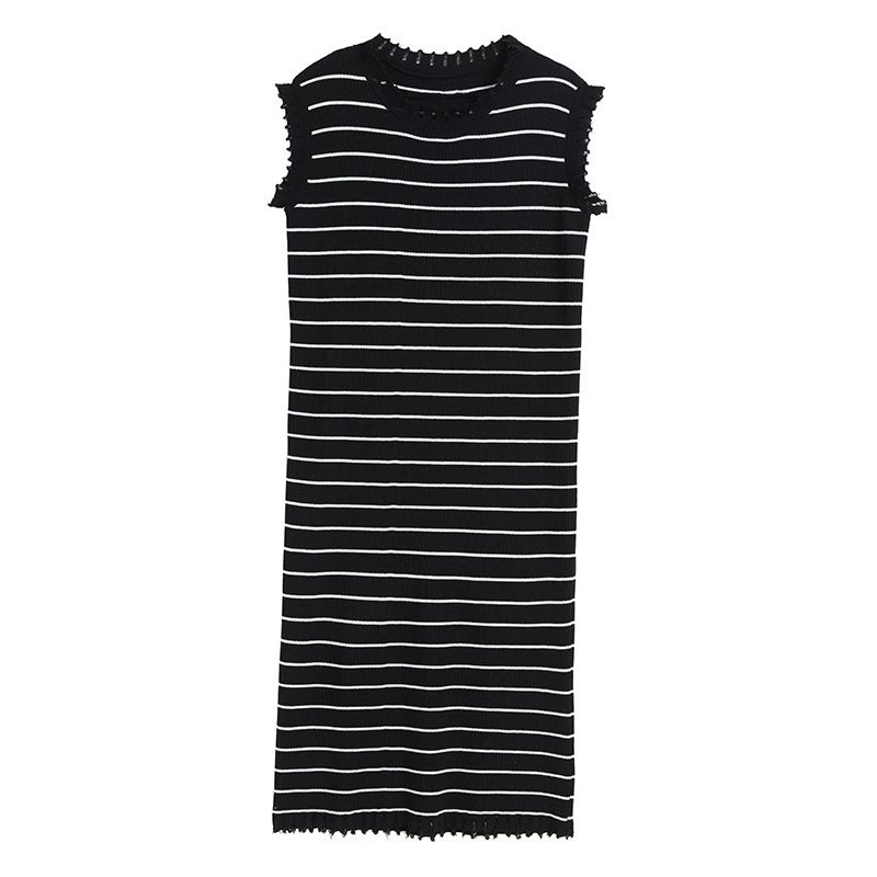  D08-Đầm Len Lụa Băng Không Tay Viền Ren Kẻ Sọc 