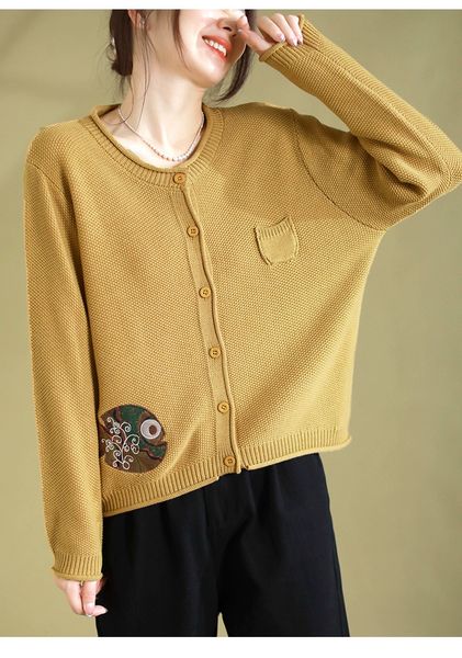  A742-Áo Len Dệt Kim Cardigan Thêu Họa Tiết Nghệ Thuật Mùa Thu 