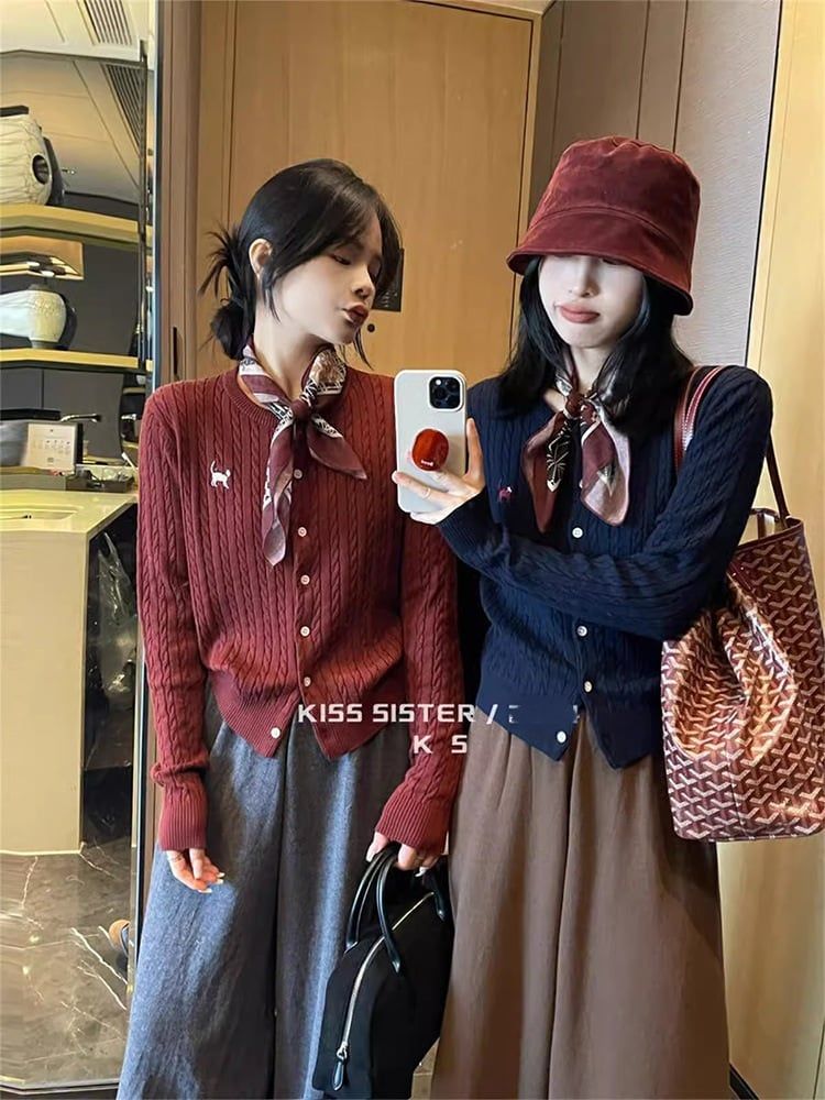  A749-Áo Len Dệt Kim Cardigan Thêu Mèo May Mắn Mùa Thu Hàn Quốc 