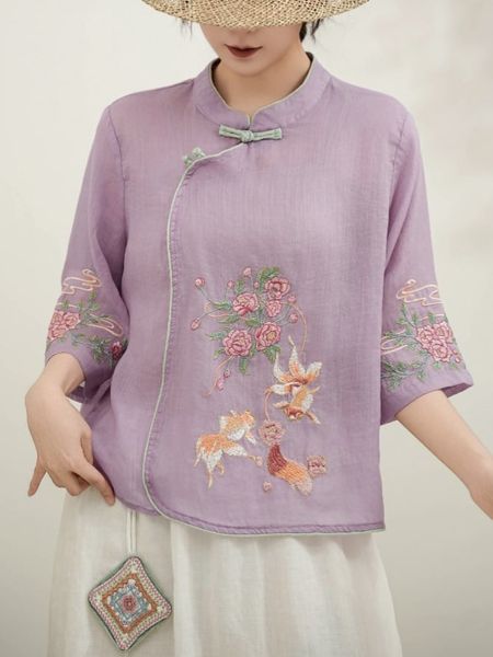  A648-Áo Ramie Thêu Hoa Song Ngư 