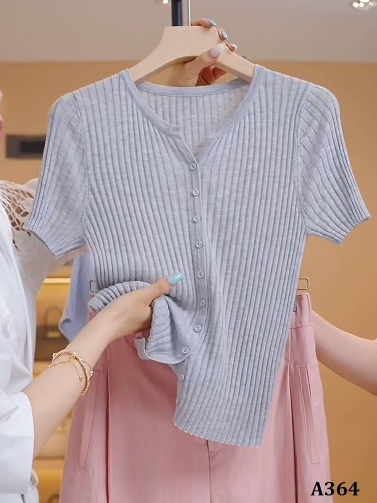  A364-Áo Len Lụa Cổ V Sọc Pháp 