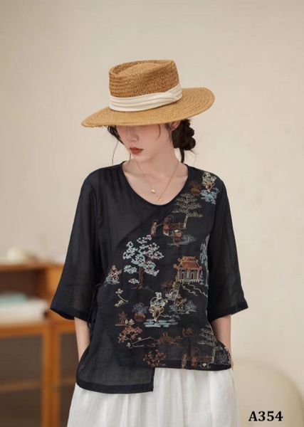  A354-Áo Ramie Thêu Phong Cảnh 