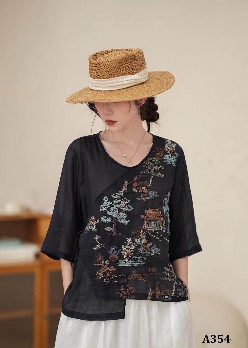  A354-Áo Ramie Thêu Phong Cảnh 