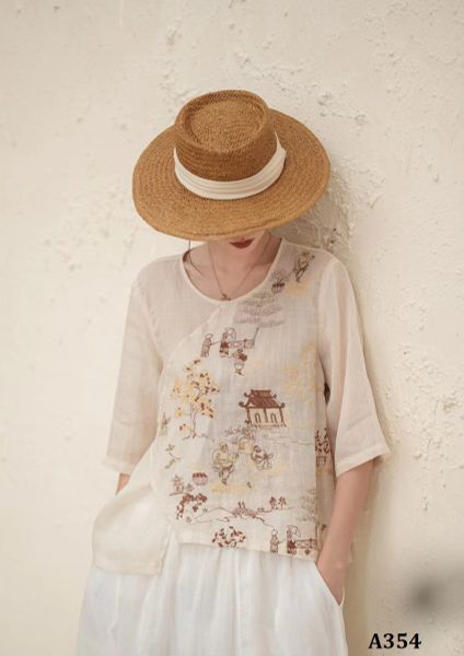  A354-Áo Ramie Thêu Phong Cảnh 