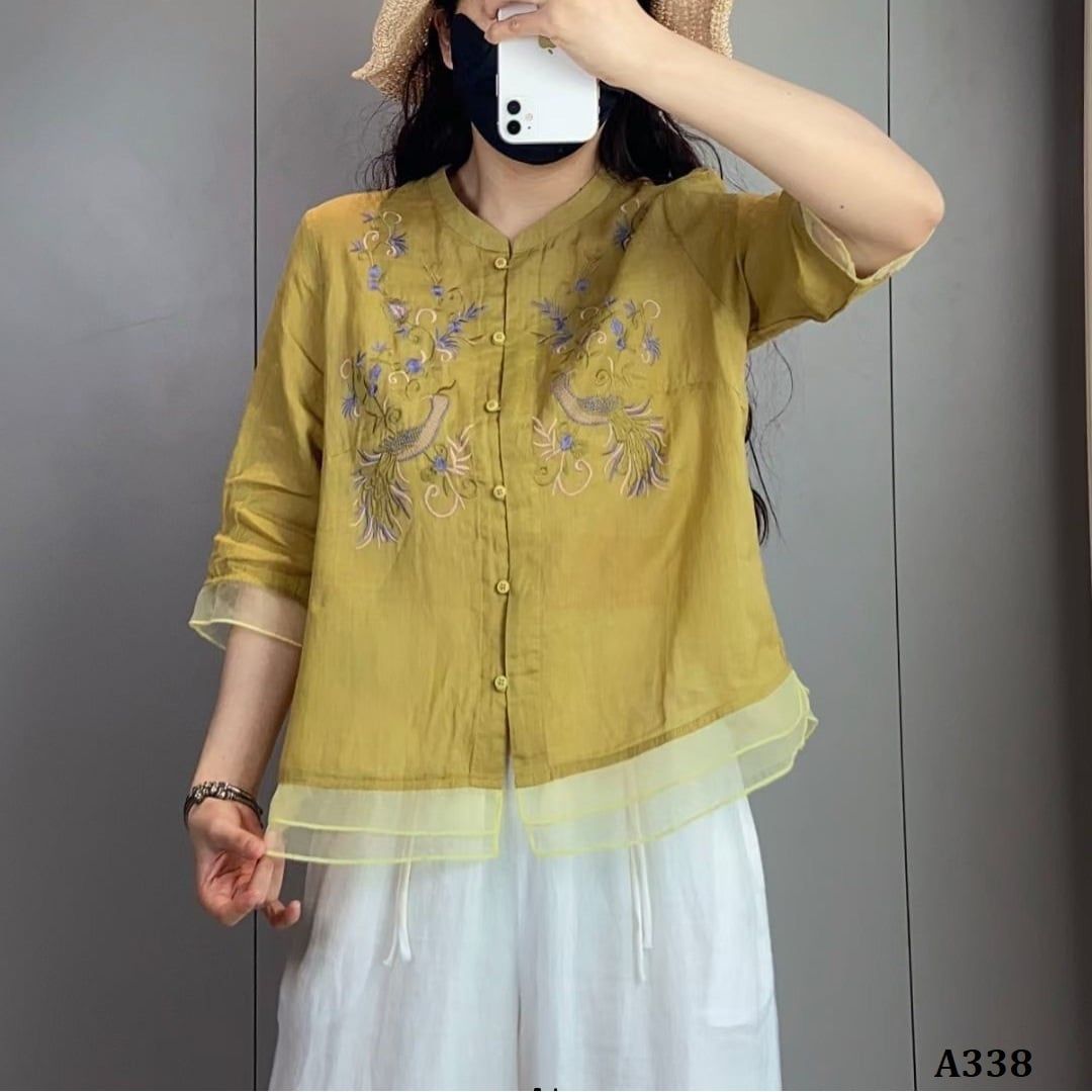  A338-Áo Ramie Thêu Phượng Hoàng 