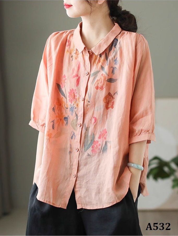  A532-Áo Ramie Hoa Lá Khoe Sắc 
