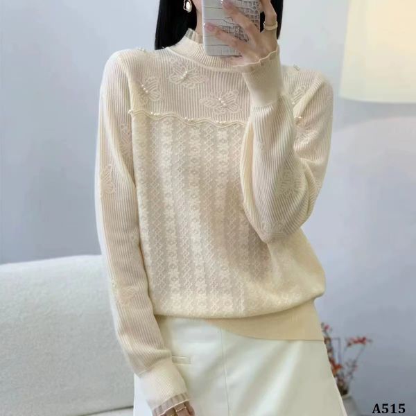  A515-Áo Len Nữ Dài Tay Nửa Cao Cổ Ren Đính Cườm 