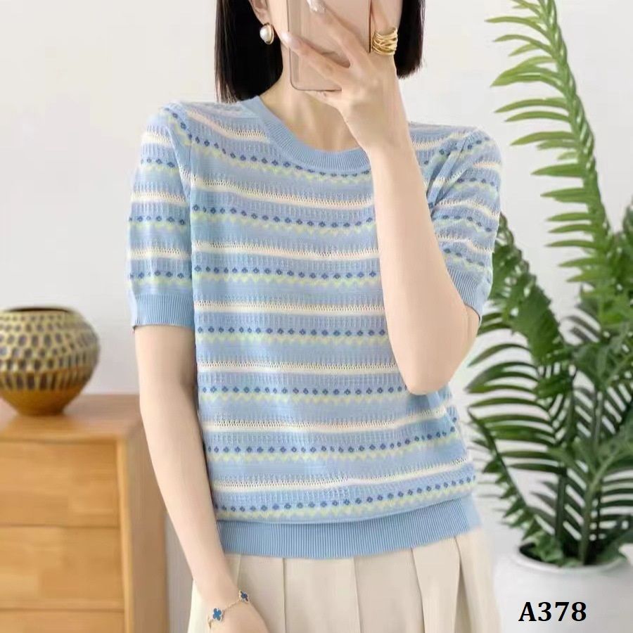  A378-Áo Len Lụa Băng Dệt Họa Tiết Sọc Ngang 