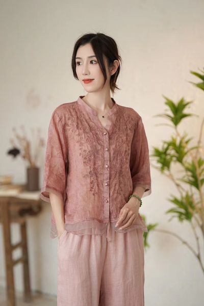  A478-Áo Ramie Cổ V Đứng Thêu Nghệ Thuật 