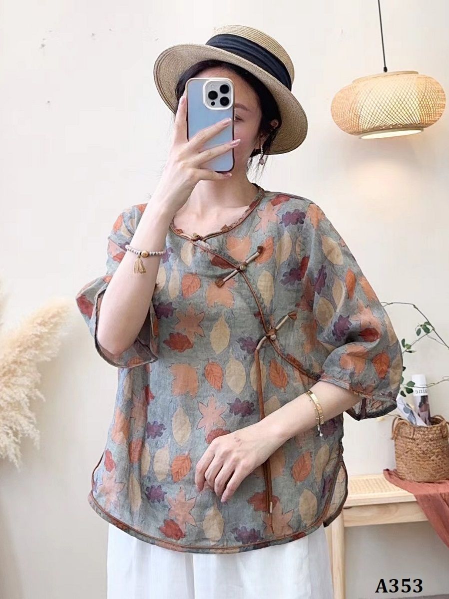  A353-Áo Ramie Nút Gài Họa Tiết Nghệ Thuật 