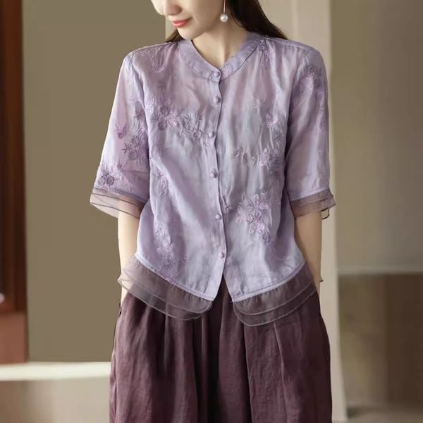  A245-Áo Ramie Viền Tơ Thêu Hoa Nghệ Thuật 