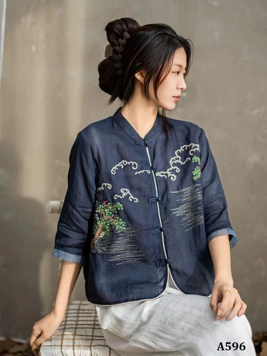  A596-Áo Ramie Cổ Đứng Thêu Cây Lá Nghệ Thuật Cổ Điển 