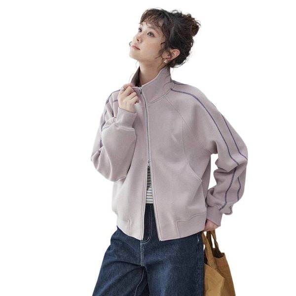 K16-Áo Khoác Cổ Cao Hai Khóa Kéo Sọc Tay 
