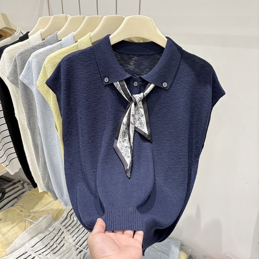  A672-Áo Len Lụa Cổ Ve Khăn Quàng Kiểu Hàn 