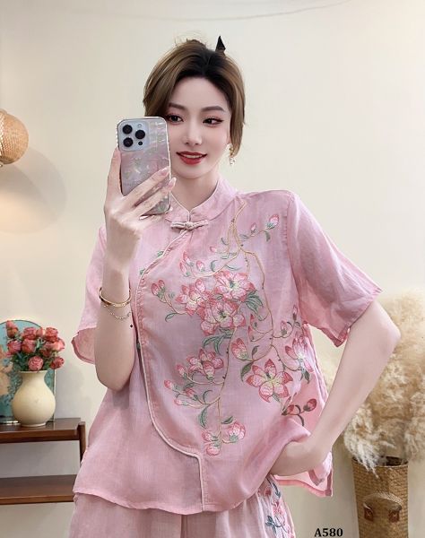  A580-Áo Ramie Thêu Hoa Nghệ Thuật Cổ Đứng 