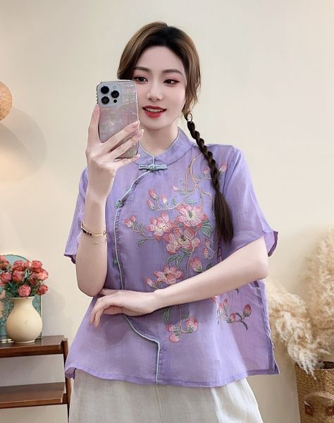  A580-Áo Ramie Thêu Hoa Nghệ Thuật Cổ Đứng 