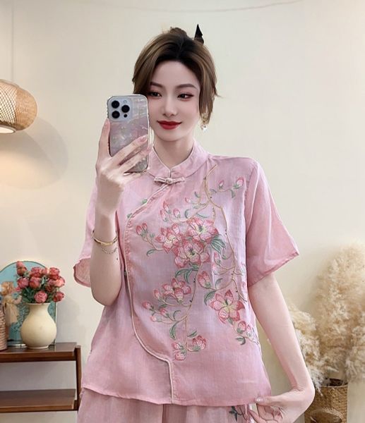  A580-Áo Ramie Thêu Hoa Nghệ Thuật Cổ Đứng 