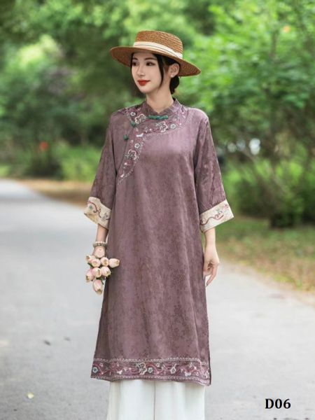  D06-Đầm Ramie Dệt Lụa Họa Tiết Thêu Hoa Cổ Điển Thanh Lịch 