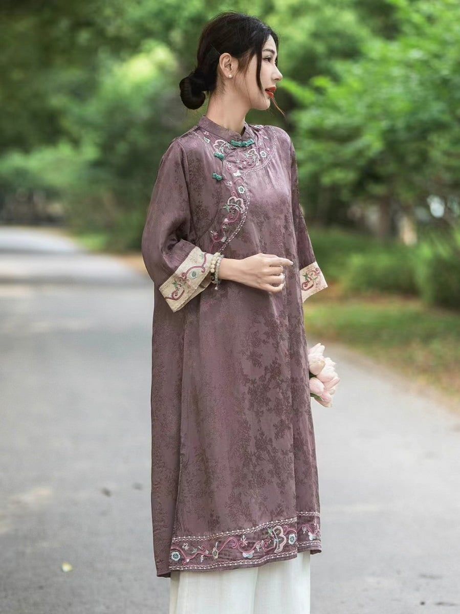  D06-Đầm Ramie Dệt Lụa Họa Tiết Thêu Hoa Cổ Điển Thanh Lịch 