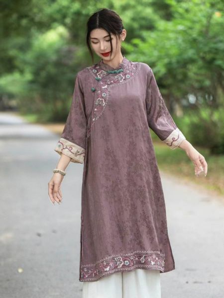  D06-Đầm Ramie Dệt Lụa Họa Tiết Thêu Hoa Cổ Điển Thanh Lịch 