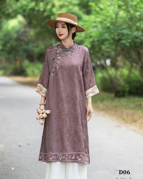  D06-Đầm Ramie Dệt Lụa Họa Tiết Thêu Hoa Cổ Điển Thanh Lịch 
