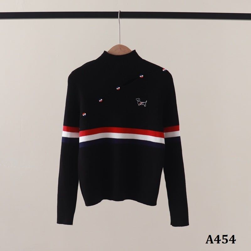  A454-Áo Len Cún Cưng Kẻ Sọc Dài Tay Cổ Lọ Vạt Cắt Nghệ Thuật 