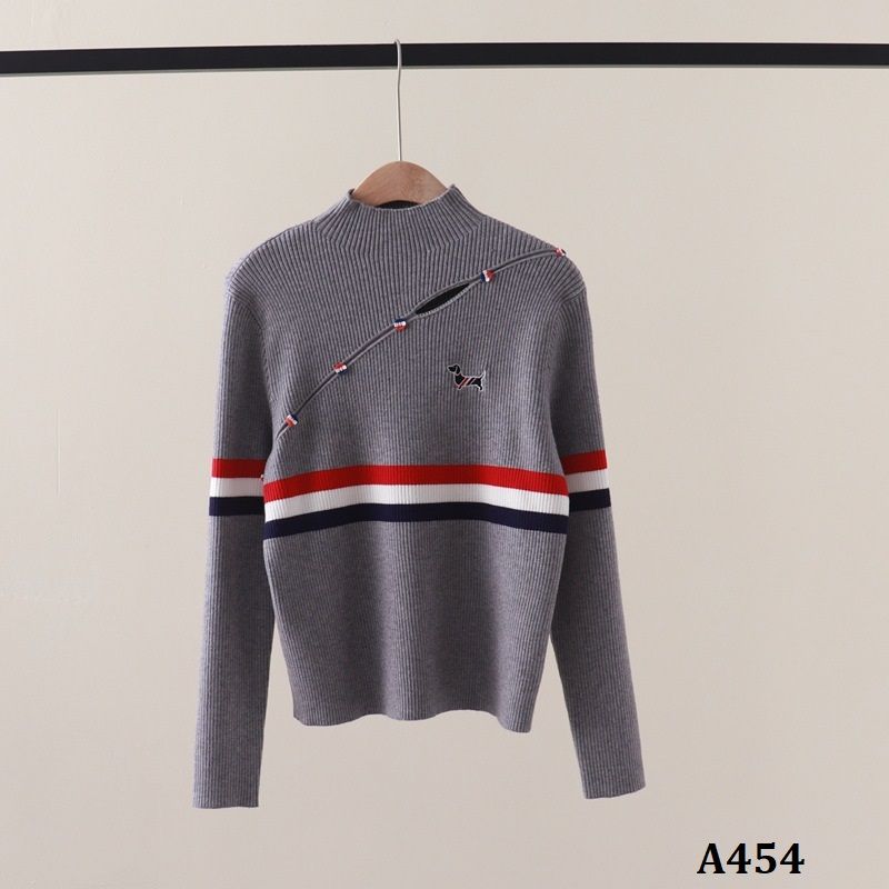  A454-Áo Len Cún Cưng Kẻ Sọc Dài Tay Cổ Lọ Vạt Cắt Nghệ Thuật 