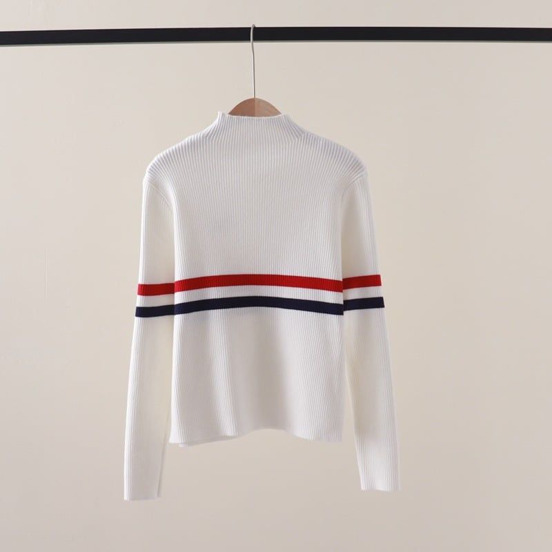  A454-Áo Len Cún Cưng Kẻ Sọc Dài Tay Cổ Lọ Vạt Cắt Nghệ Thuật 