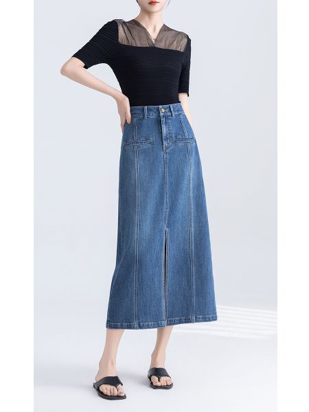  Q281-Chân Váy Lụa Mềm Xẻ Tà Túi Trước 