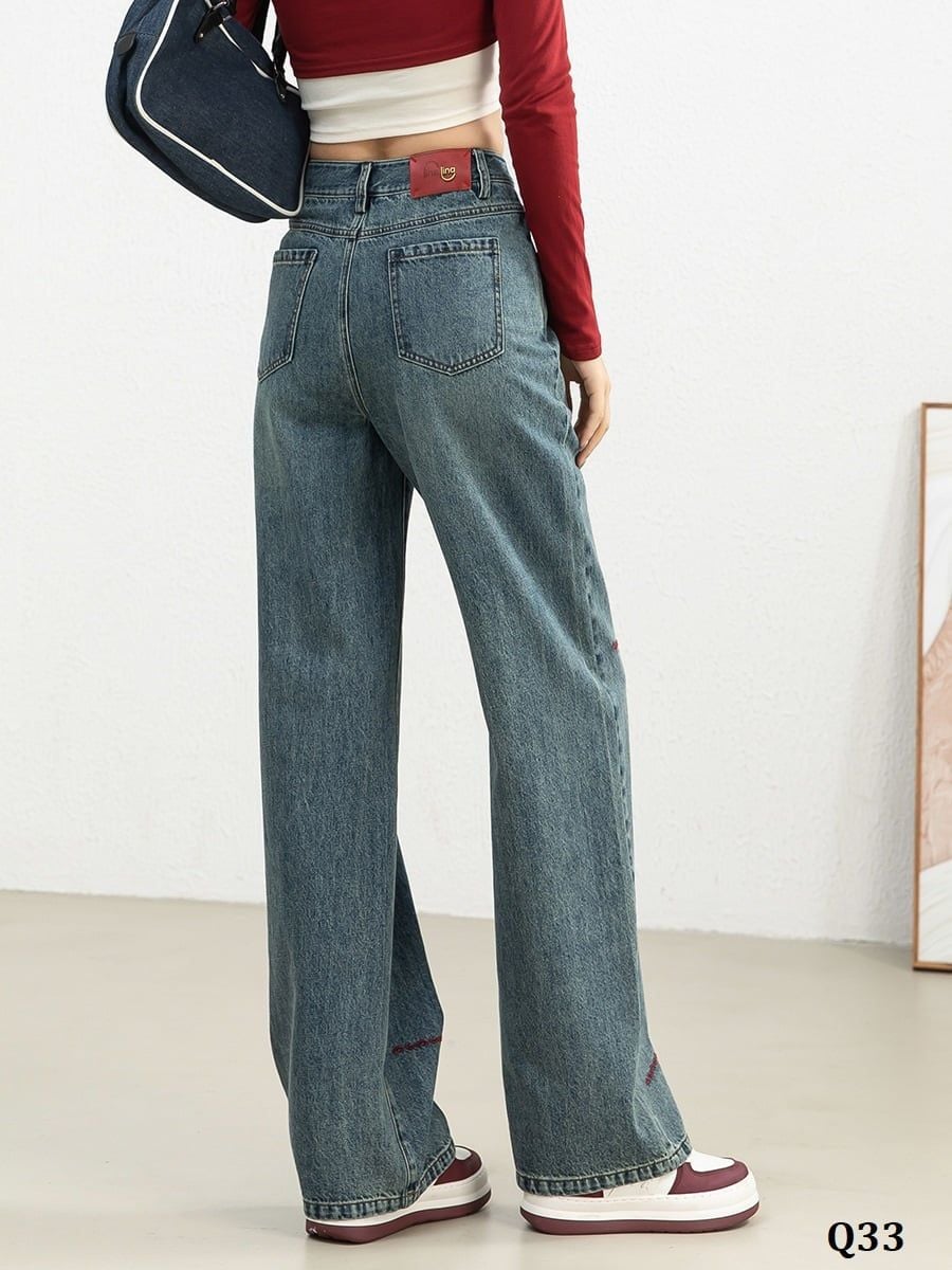  Q33-Quần Jeans Lưng Cao Thêu Icon 