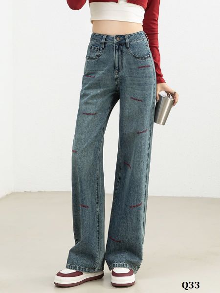  Q33-Quần Jeans Lưng Cao Thêu Icon 