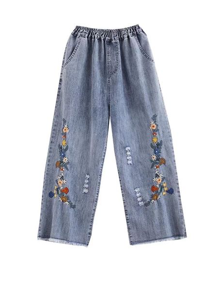  Q338-Quần Jeans Rộng Rãi Thêu Hoa 