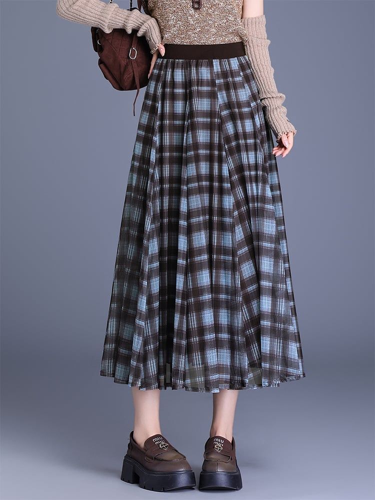  Q379-Chân Váy Chữ A Ca Rô Nghệ Thuật Mùa Thu 